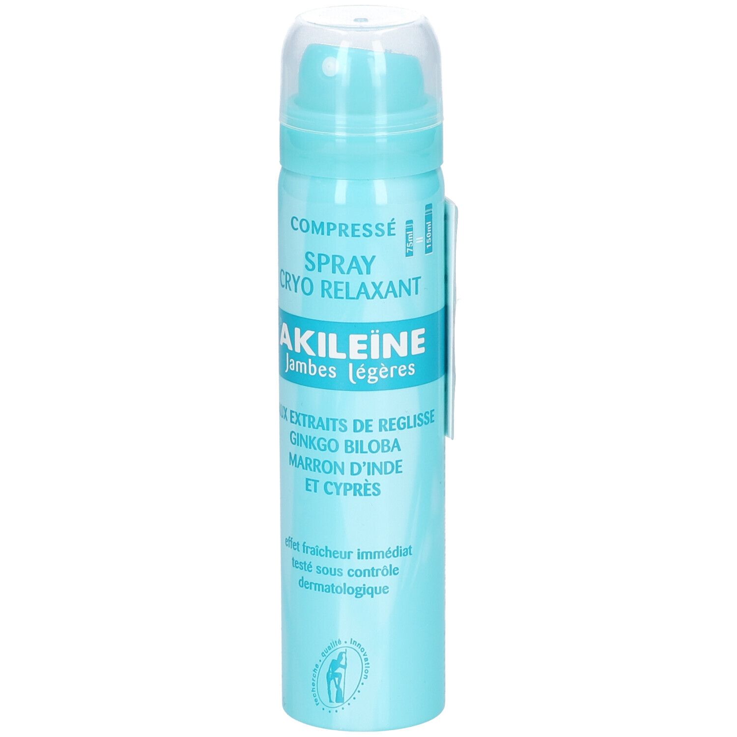 Türkisblaue Spraydose mit weißem Sprühkopf. Aufschrift: AKILEINE, CRYORELAXANT. Enthält Extrakte. Dermatologisch getestet.
