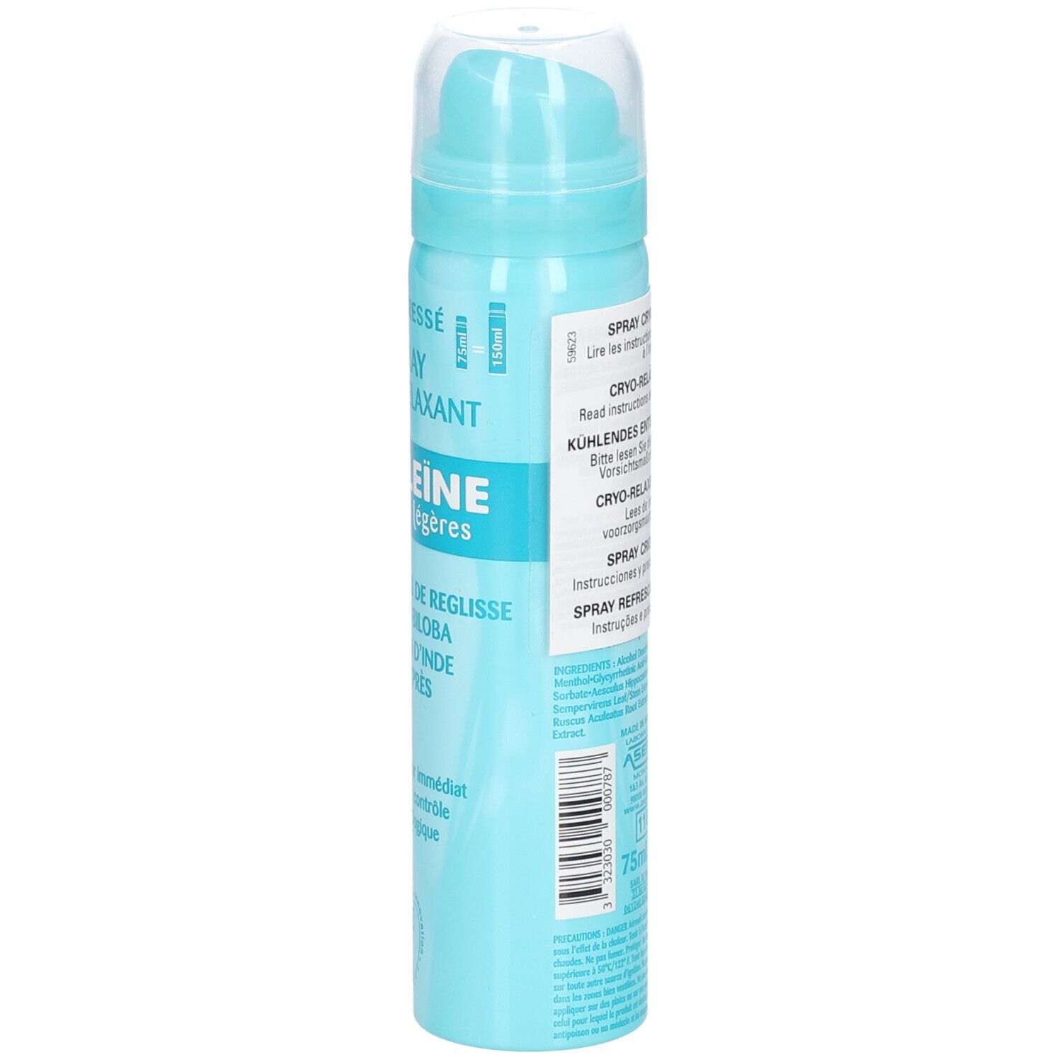 Türkisblaue Spraydose. Auf der Seite Text und Symbole. Enthält Informationen zu Inhaltsstoffen und Gebrauchsanweisung.