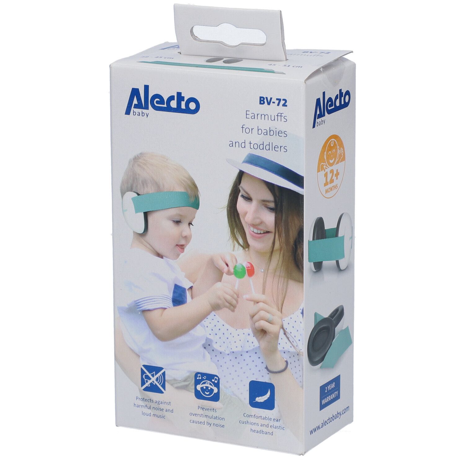Verpackung mit Gehörschutz für Babys und Kleinkinder. Marke Alecto Baby. Abbildung eines Kindes mit Gehörschutz.