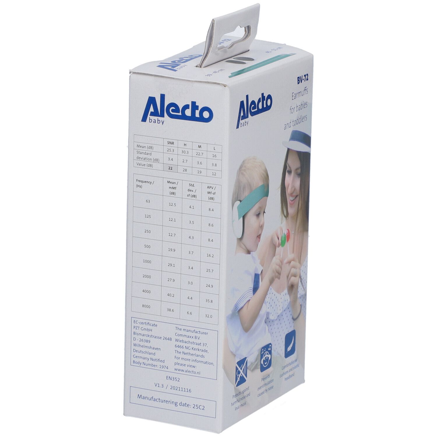 Verpackung mit Gehörschutz für Babys und Kleinkinder. Marke Alecto Baby. Technische Daten und Informationen zur Lärmreduzierung.