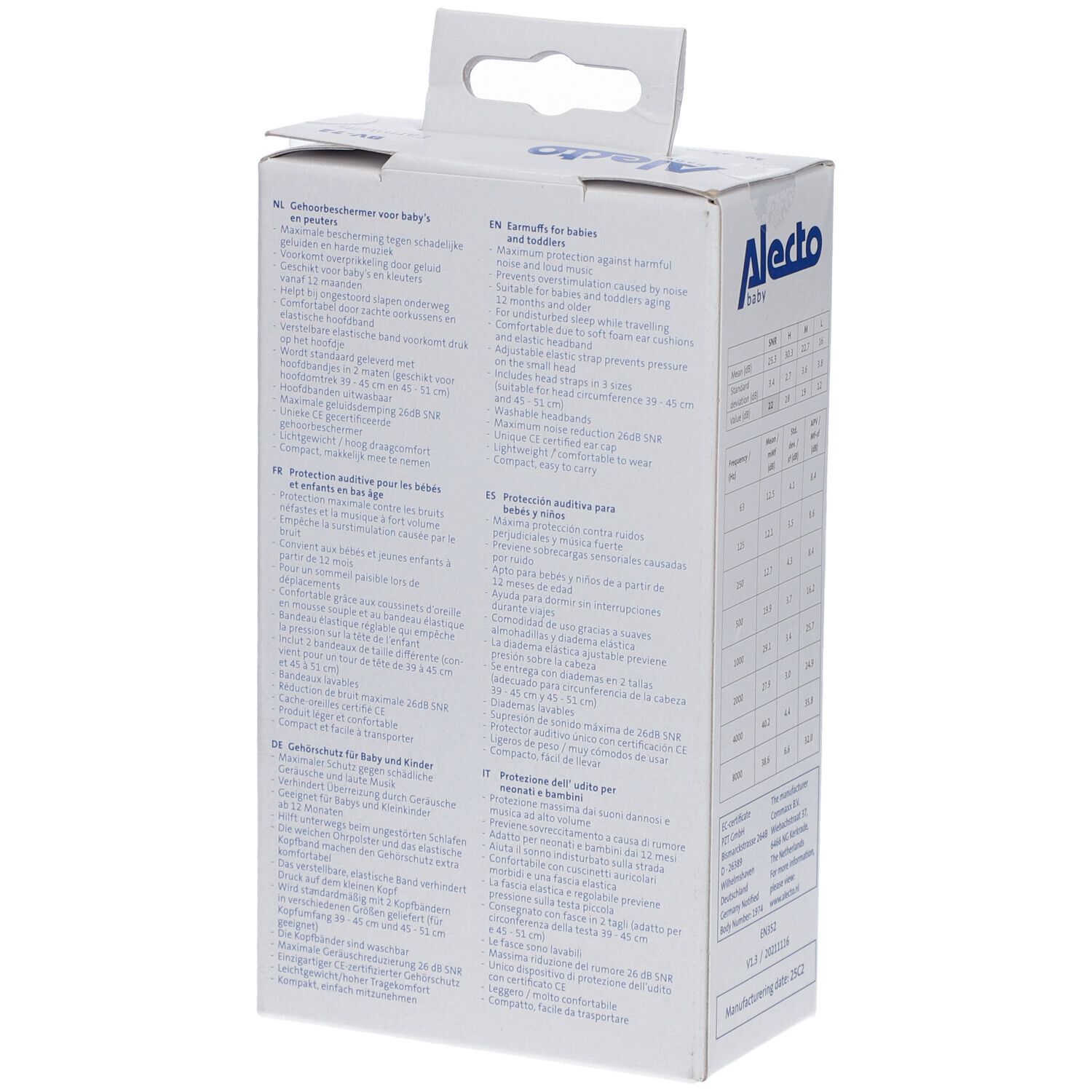 Rückseite der Verpackung mit Text in mehreren Sprachen. Informationen zur Gehörschutzfunktion und Gebrauchsanweisung.
