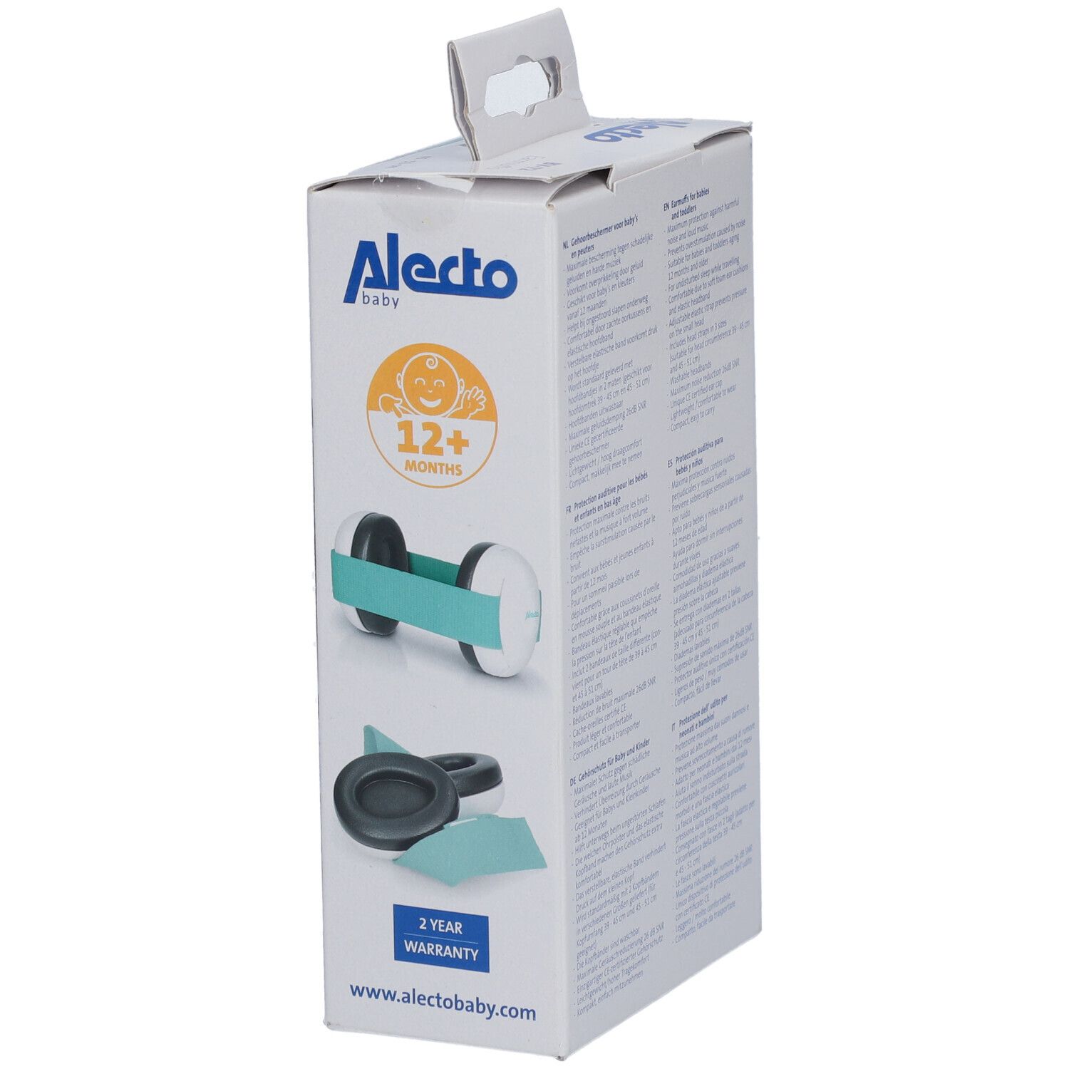 Verpackung mit Gehörschutz für Babys und Kleinkinder. Marke Alecto Baby. Produktabbildung und Altersangabe 12+ Monate.