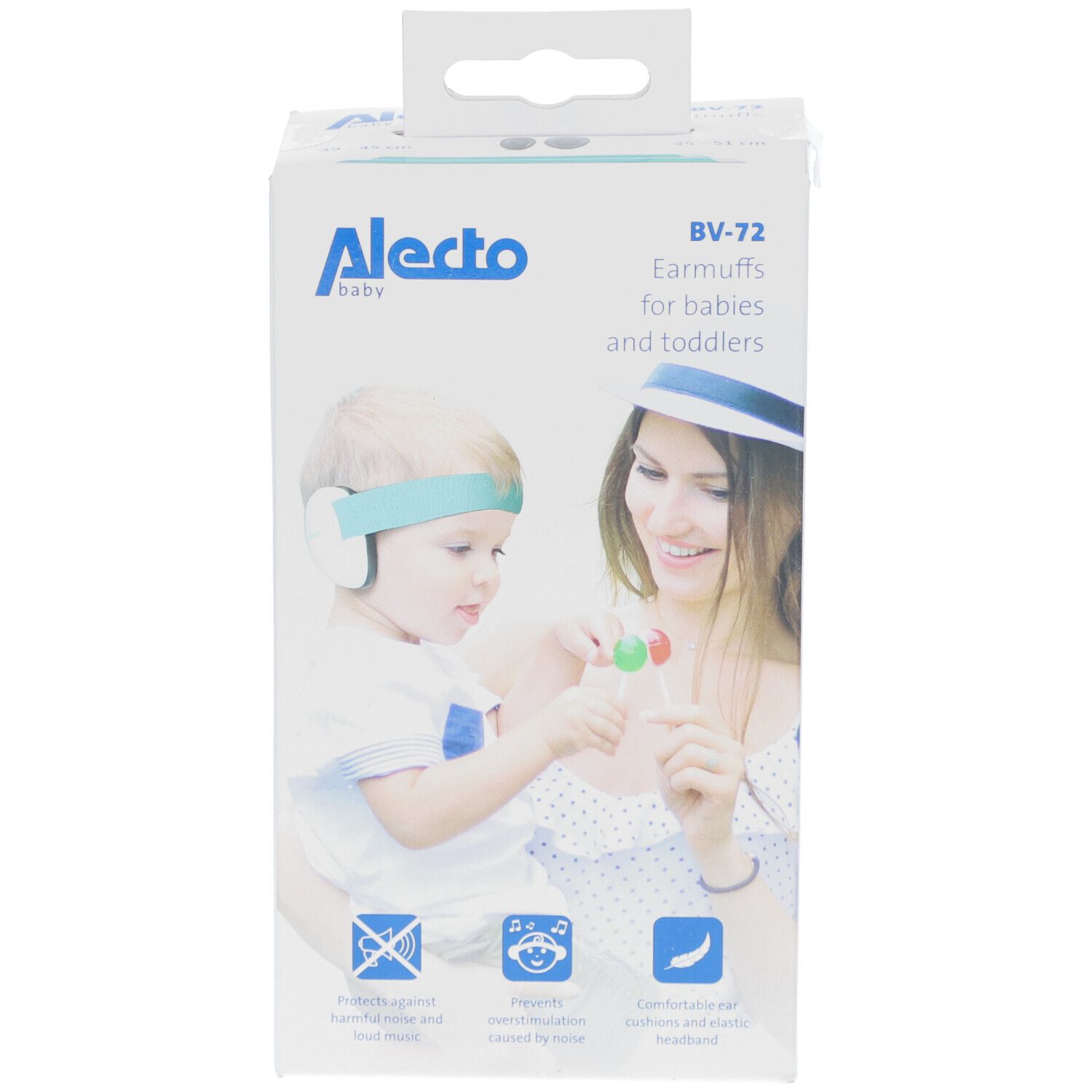 Verpackung mit Gehörschutz für Babys und Kleinkinder. Marke Alecto Baby. Abbildung eines Kindes mit Gehörschutz.