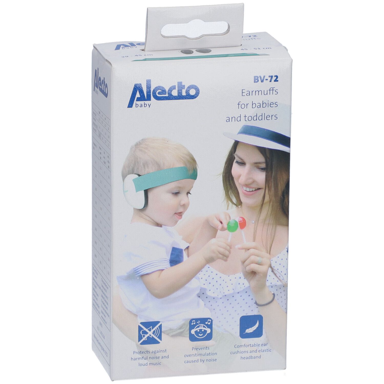 Verpackung mit Gehörschutz für Babys und Kleinkinder. Marke Alecto Baby. Abbildung eines Kindes mit Gehörschutz.
