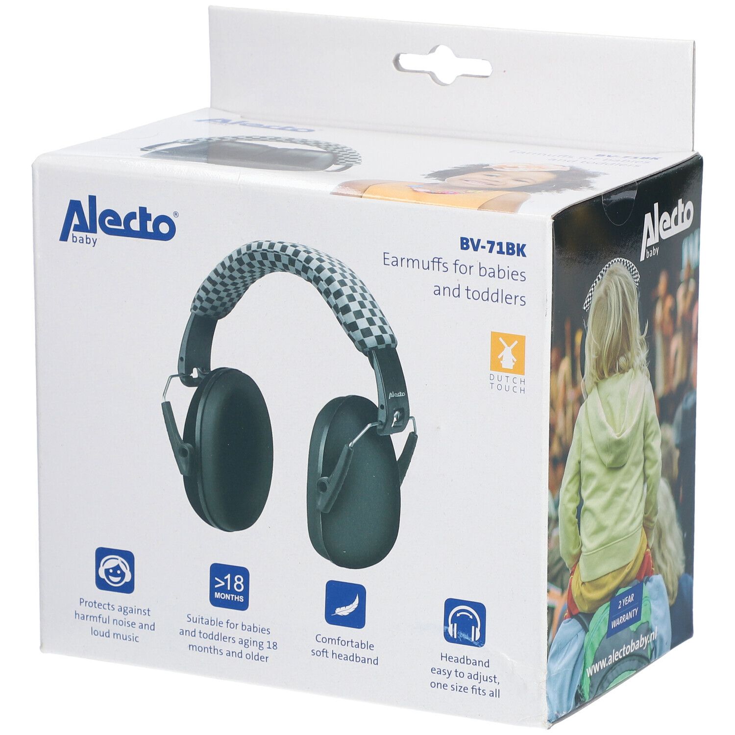 Alecto Baby zwarte gehoorbescherming voor kinderen, in doos. Opschriften: BV-71BK, Earmuffs, vanaf 18 maanden.