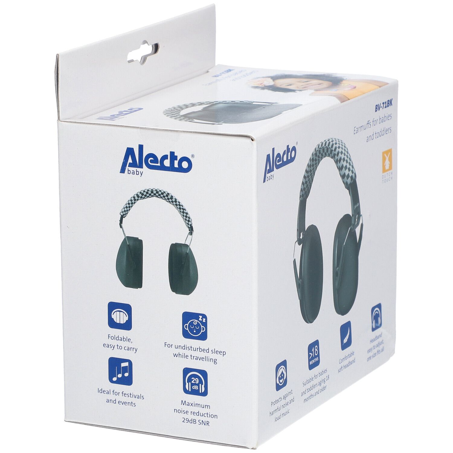 Verpakking met Alecto Baby zwarte gehoorbescherming. Opschriften: BV-71BK, Earmuffs, opvouwbaar, 29dB SNR.