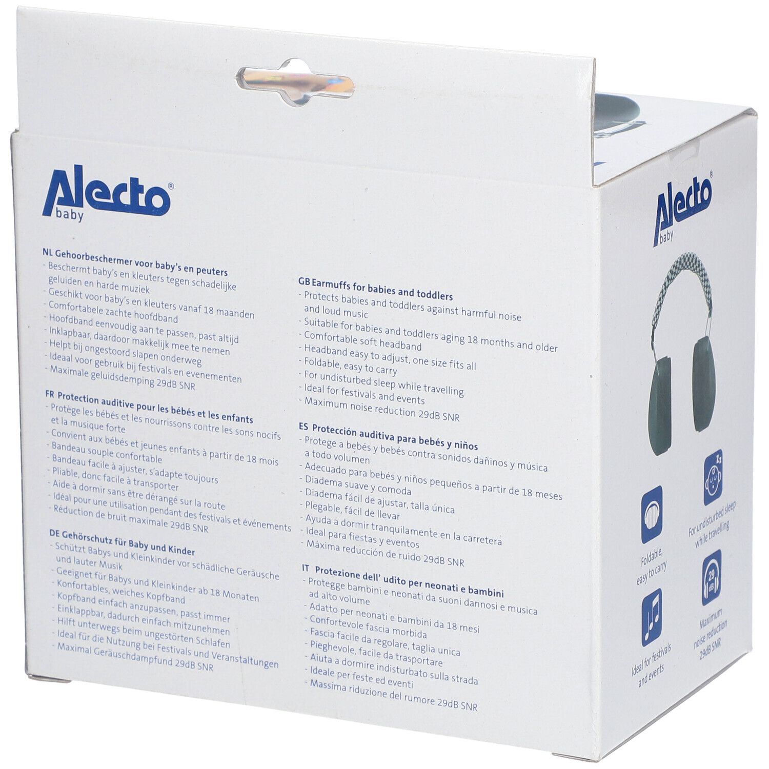 Verpakking met meertalige teksten. Opschriften: Alecto Baby, gehoorbescherming, 29dB SNR, opvouwbaar, vanaf 18 maanden.