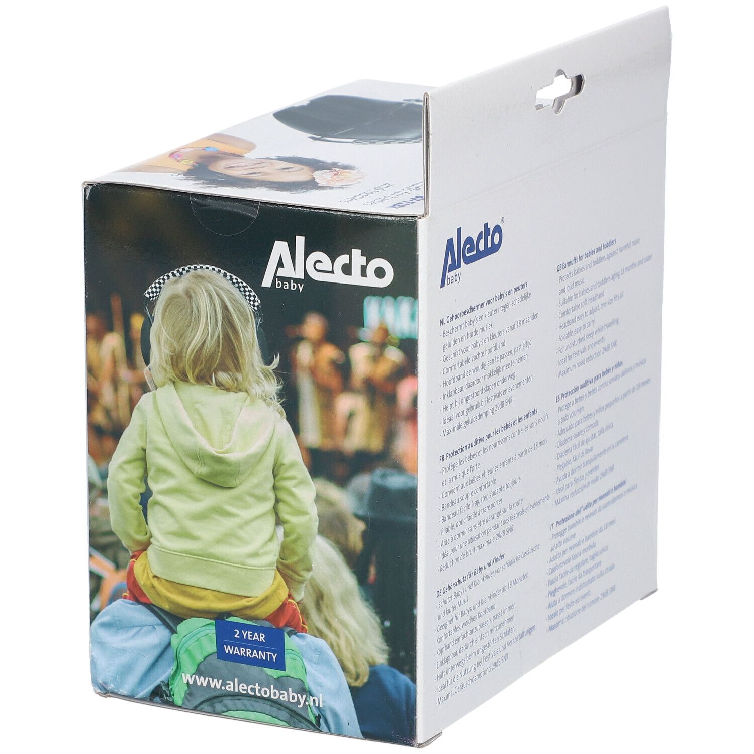 Verpakking met kind op schouders. Opschriften: Alecto Baby, 2 jaar garantie, www.alectobaby.nl.
