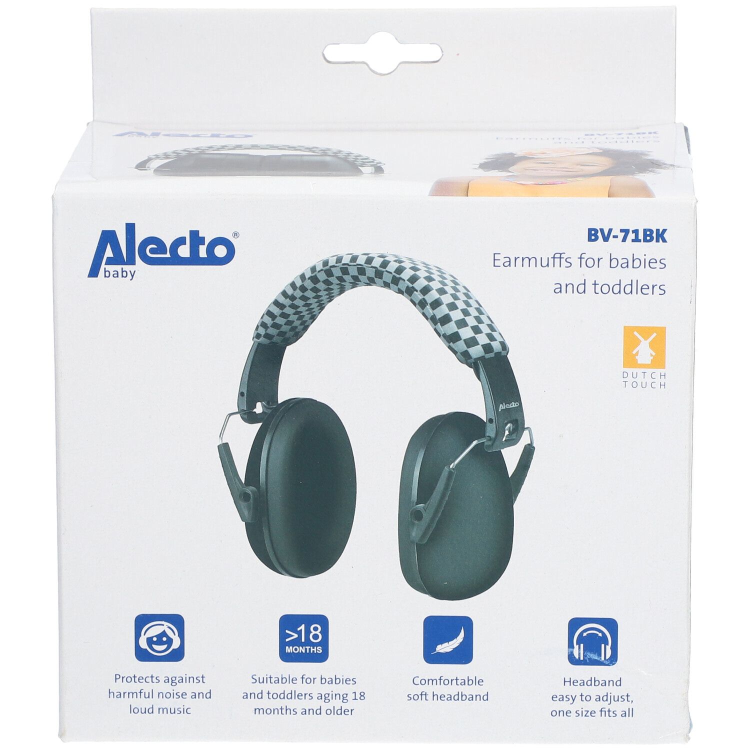 Alecto Baby zwarte gehoorbescherming voor kinderen, in doos. Opschriften: BV-71BK, Earmuffs, vanaf 18 maanden.
