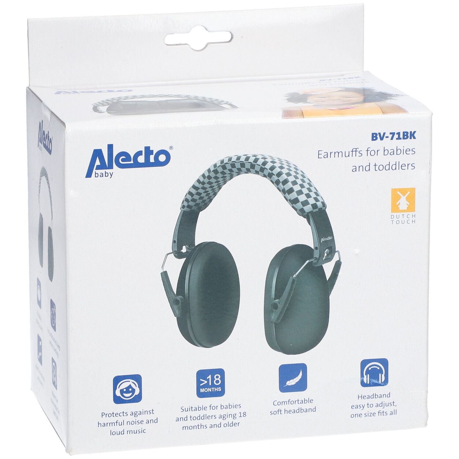 Alecto Baby zwarte gehoorbescherming voor kinderen, in doos. Opschriften: BV-71BK, Earmuffs, vanaf 18 maanden.