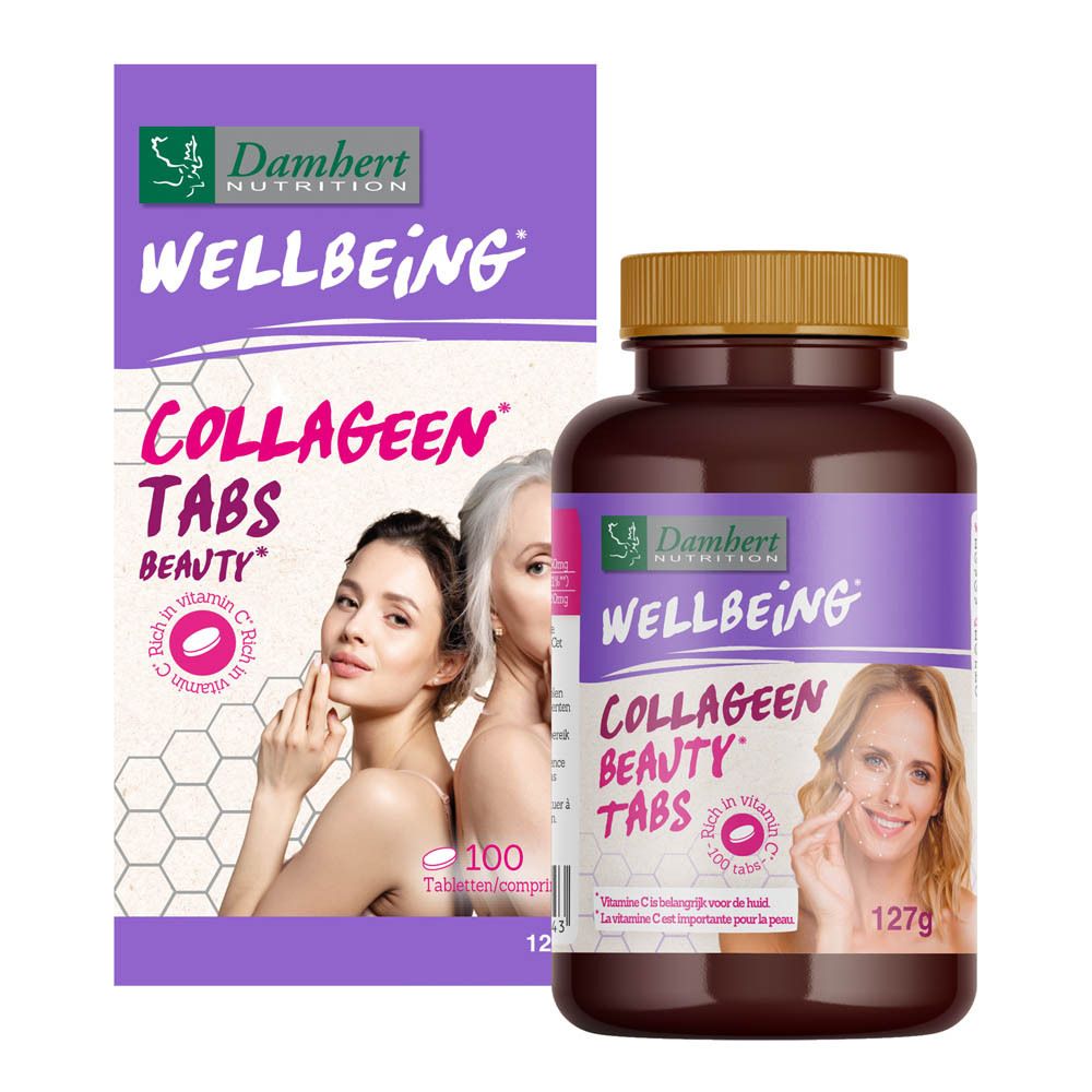Damhert Wellbeing Collagene Beauty Tabs, flacon et boîte. 100 comprimés. Femmes sur l'emballage.