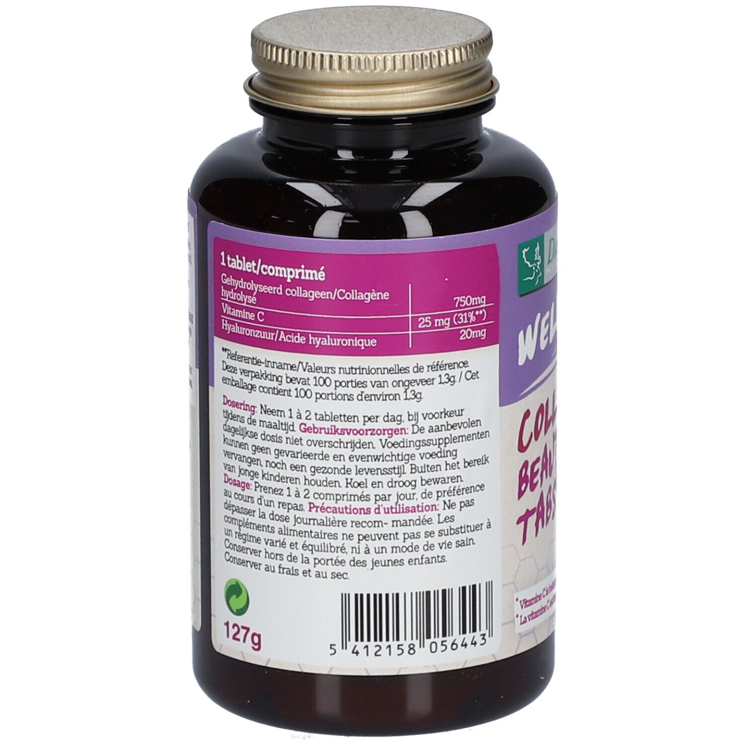 Dos du flacon Damhert Wellbeing Collagene Beauty Tabs. Contient des informations sur les ingrédients et le dosage.