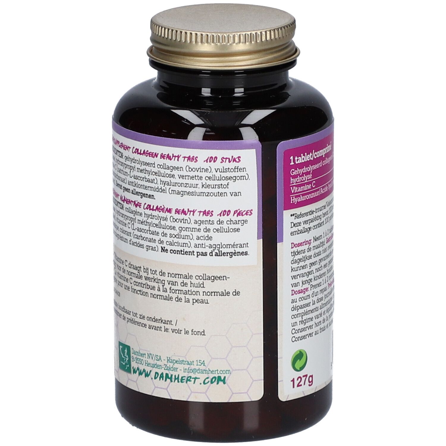 Dos du flacon Damhert Wellbeing Collagene Beauty Tabs. Ingrédients et informations nutritionnelles. 127g.