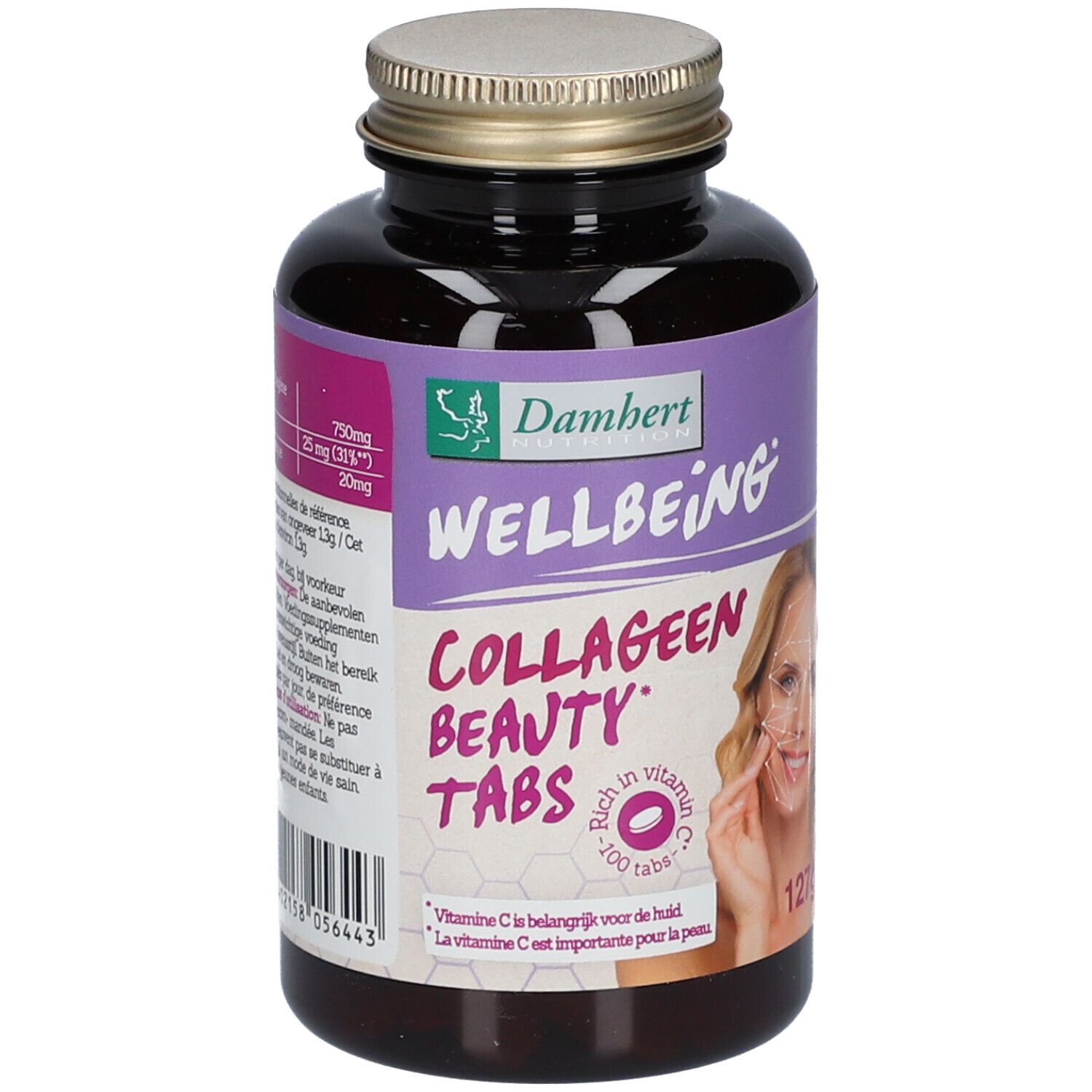 Flacon brun Damhert Wellbeing Collagene Beauty Tabs. Étiquette violette avec visage de femme. 100 comprimés.