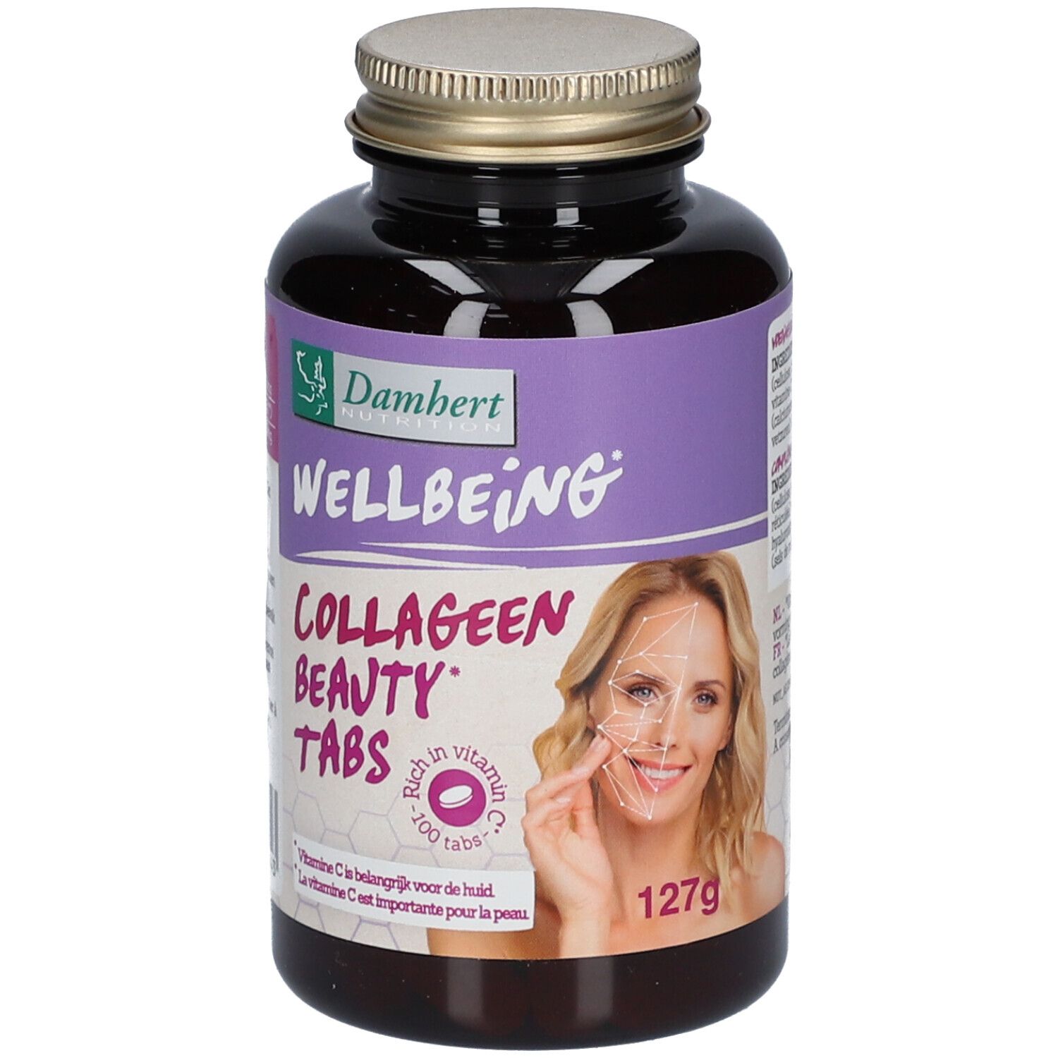 Flacon brun Damhert Wellbeing Collagene Beauty Tabs. Étiquette violette avec visage de femme. 100 comprimés.