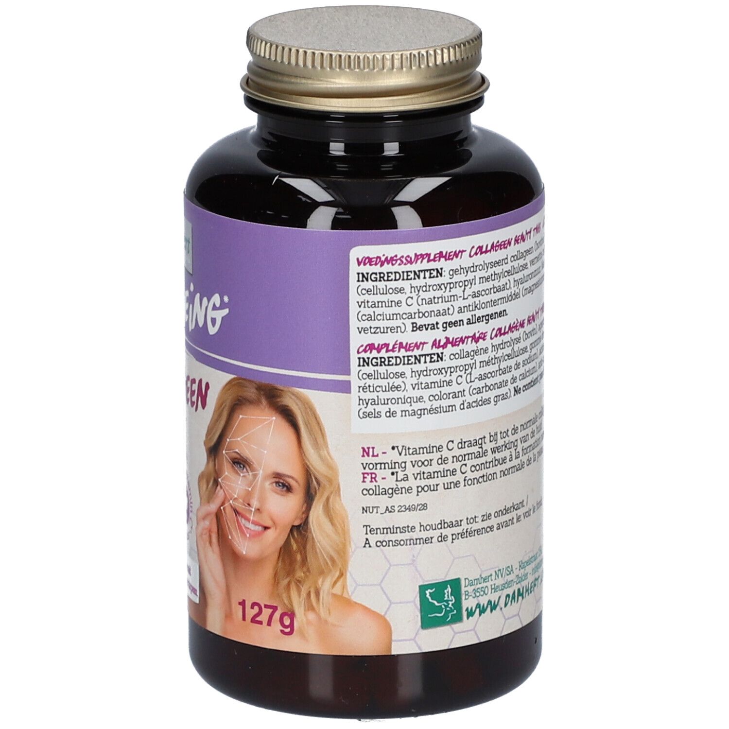 Dos du flacon Damhert Wellbeing Collagene Beauty Tabs. Ingrédients et informations nutritionnelles. 127g.