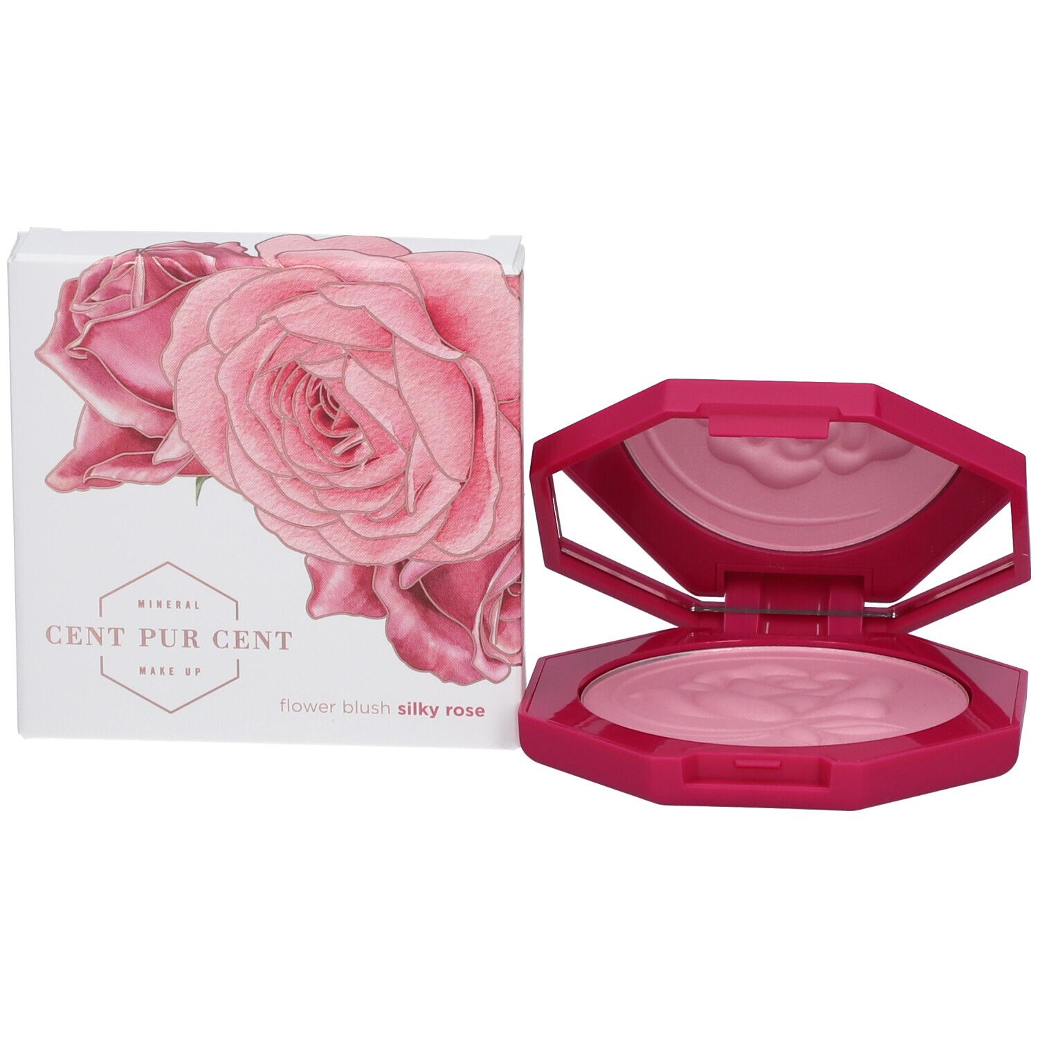 Fard à joues rose en poudre dans un boîtier octogonal avec miroir. À côté, une boîte avec motif de roses. Texte : CENT PUR CENT.