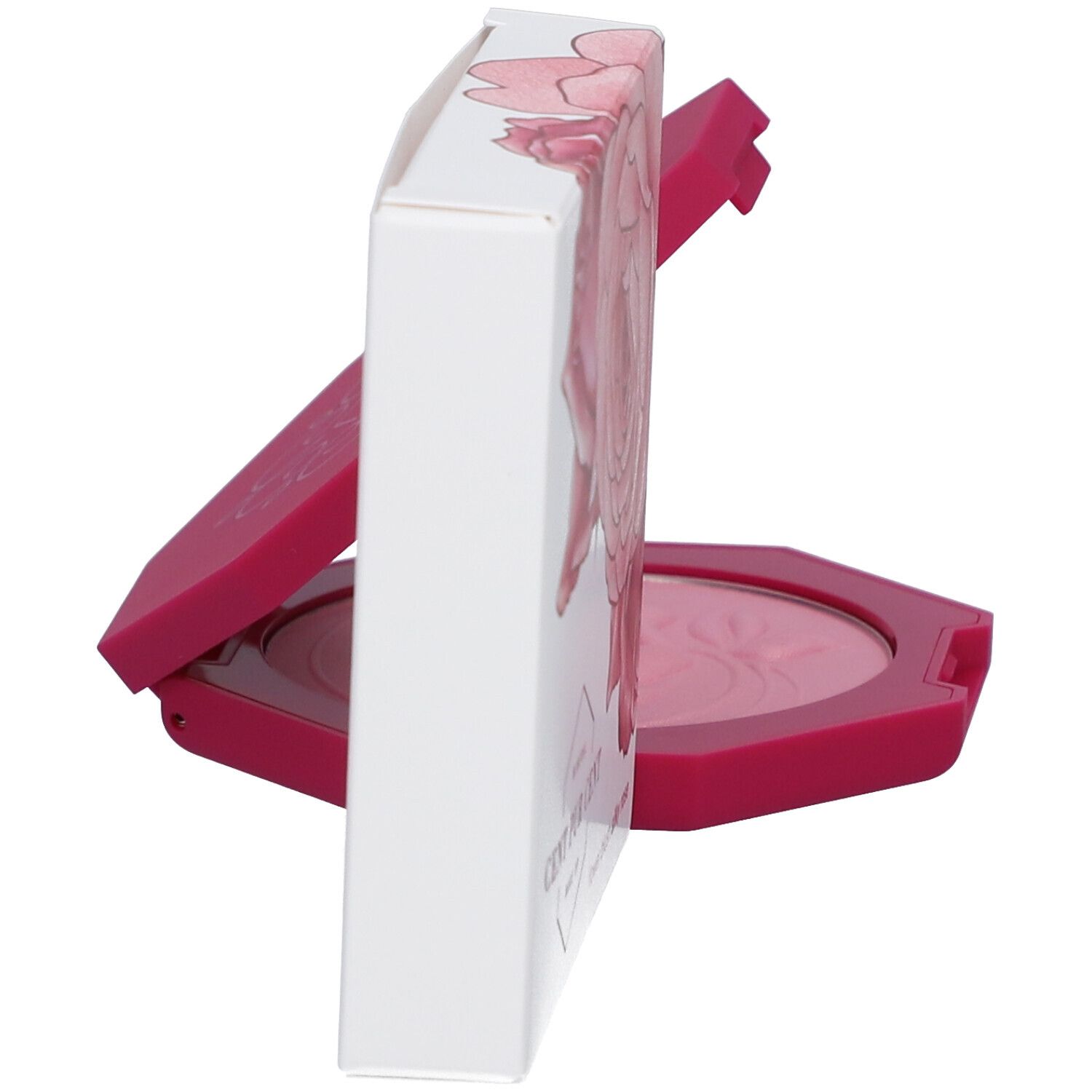 Vue latérale du produit. Fard à joues rose en poudre dans un boîtier octogonal et une boîte avec motif de roses. Texte : CENT PUR CENT.