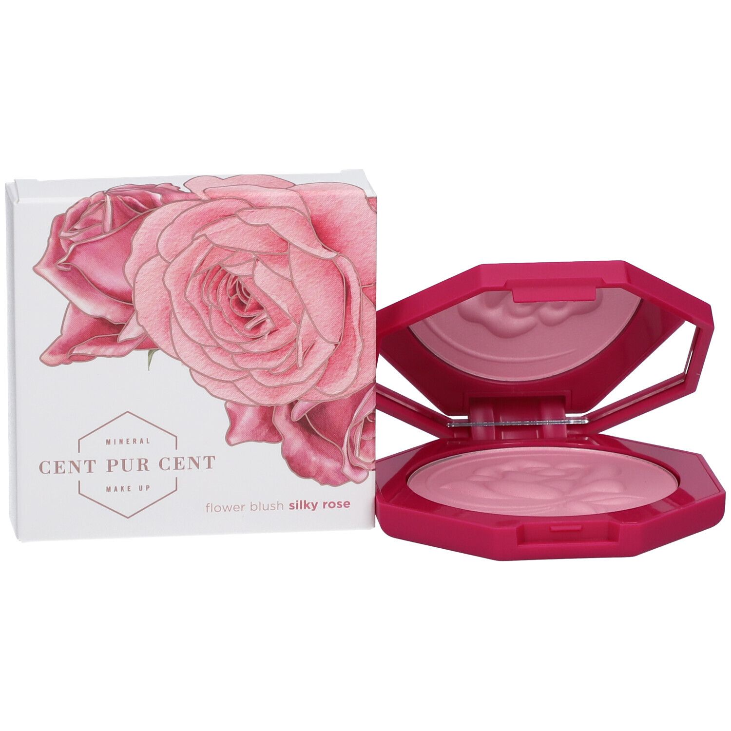 Fard à joues rose en poudre dans un boîtier octogonal avec miroir. À côté, une boîte avec motif de roses. Texte : CENT PUR CENT.