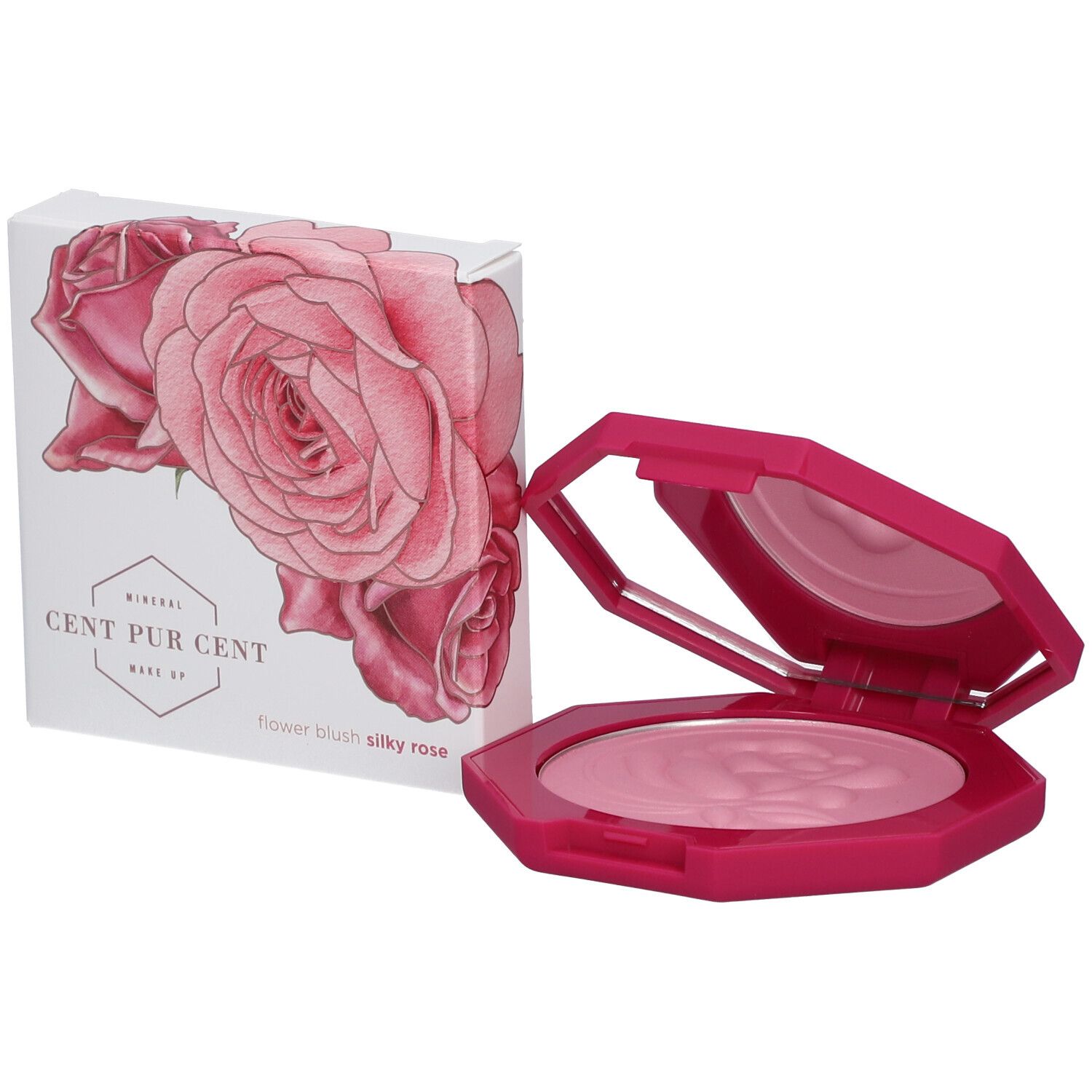 Fard à joues rose en poudre dans un boîtier octogonal avec miroir. À côté, une boîte avec motif de roses. Texte : CENT PUR CENT.