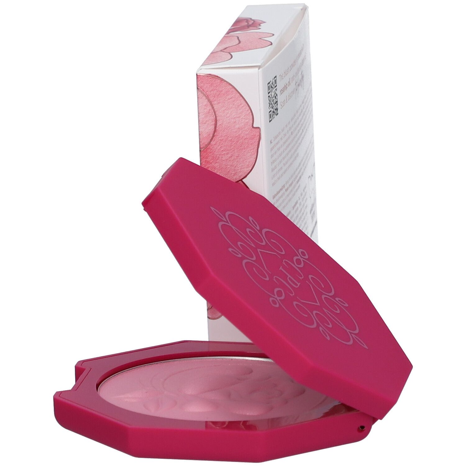 Fard à joues rose en poudre dans un boîtier octogonal avec miroir. À côté, une boîte avec motif de roses. Texte : CENT PUR CENT.