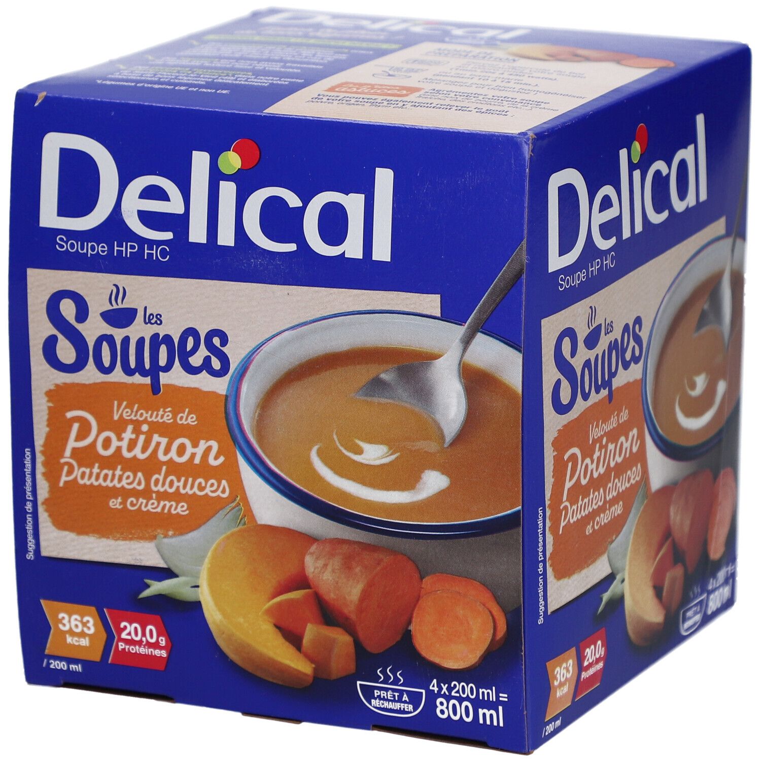 Blaue Kartonverpackung mit Delical-Suppe. Aufdruck: Kürbiscremesuppe, Süßkartoffeln und Sahne. Abbildung einer Suppe in einer Schüssel.