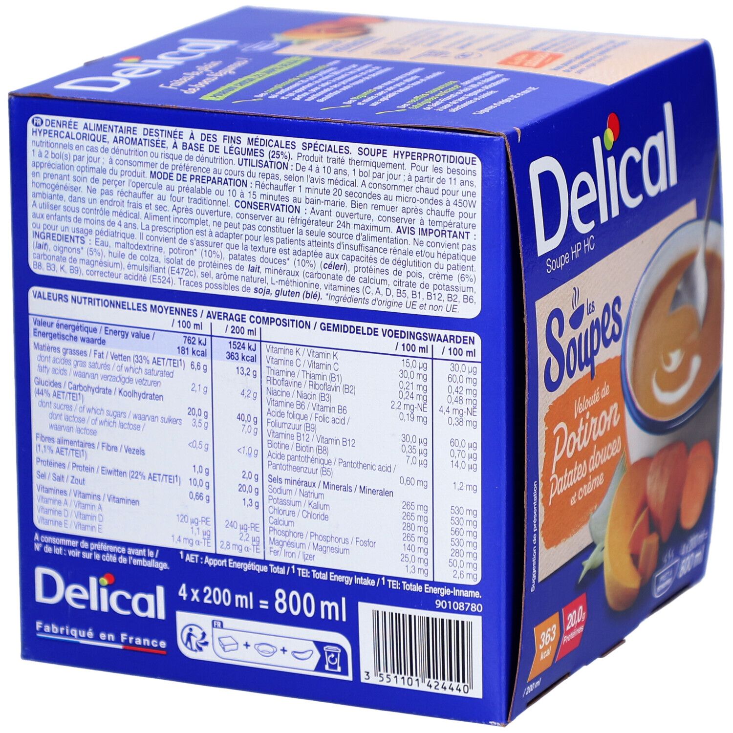 Rückseite der blauen Delical-Kartonverpackung. Enthält Nährwertangaben und Zutatenliste. Text in Französisch, Niederländisch und Deutsch.