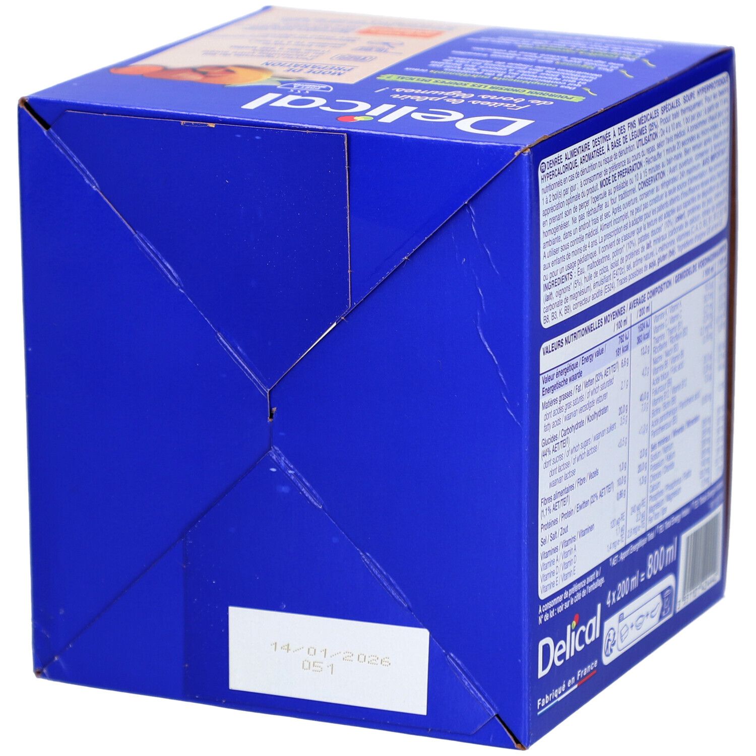 Unteransicht einer blauen Delical-Kartonverpackung. Aufgedrucktes Haltbarkeitsdatum und Chargennummer.