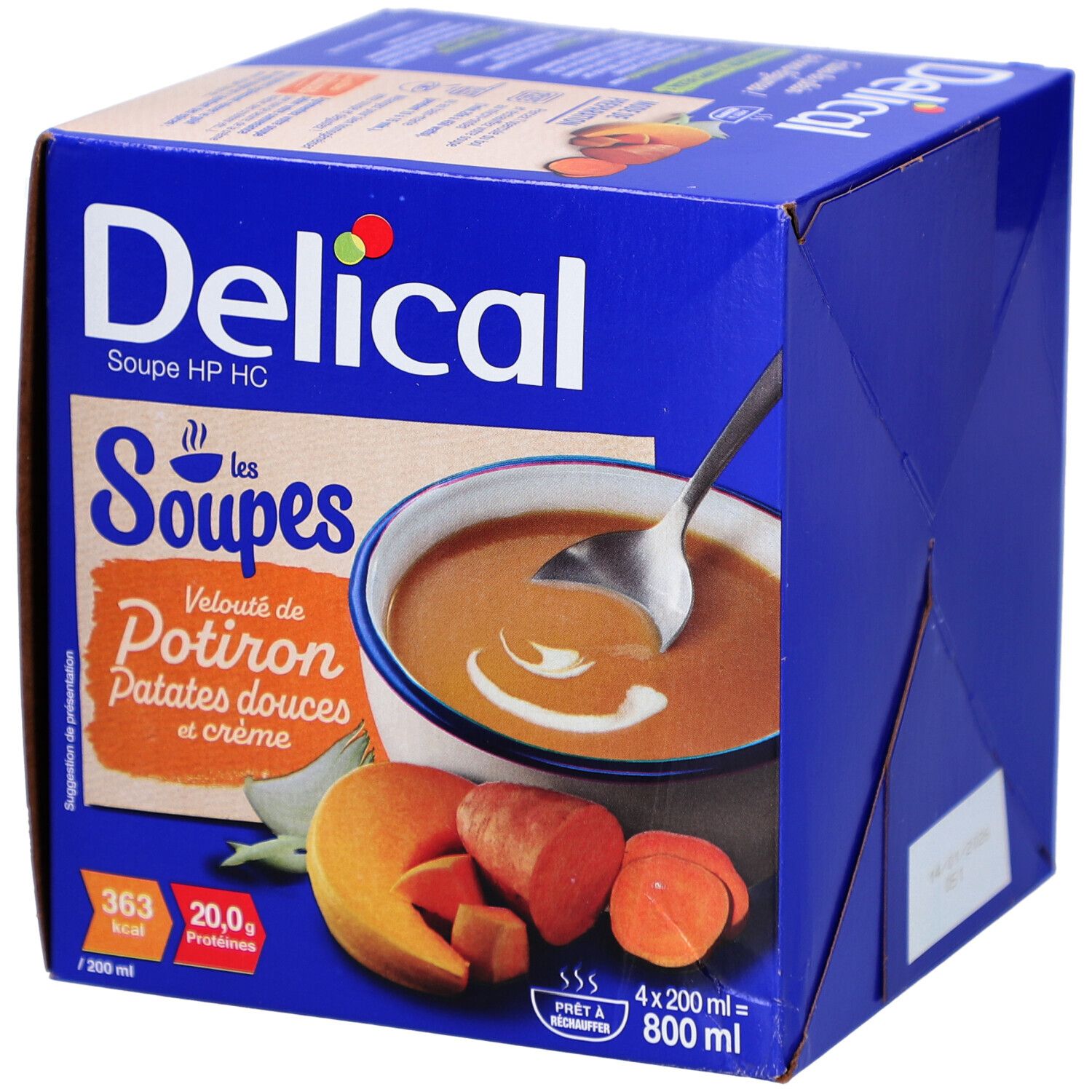Blaue Delical-Kartonverpackung. Aufdruck: Kürbiscremesuppe, Süßkartoffeln und Sahne. Abbildung einer Suppe in einer Schüssel.