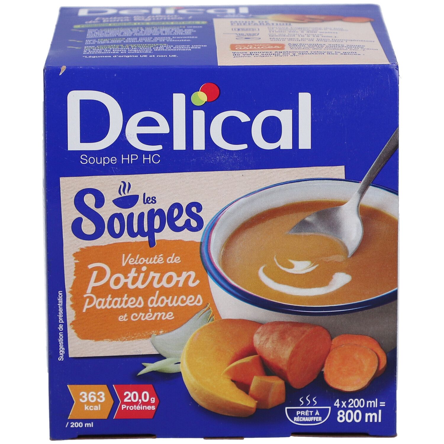 Blaue Delical-Kartonverpackung. Aufdruck: Kürbiscremesuppe, Süßkartoffeln und Sahne. Abbildung einer Suppe in einer Schüssel.