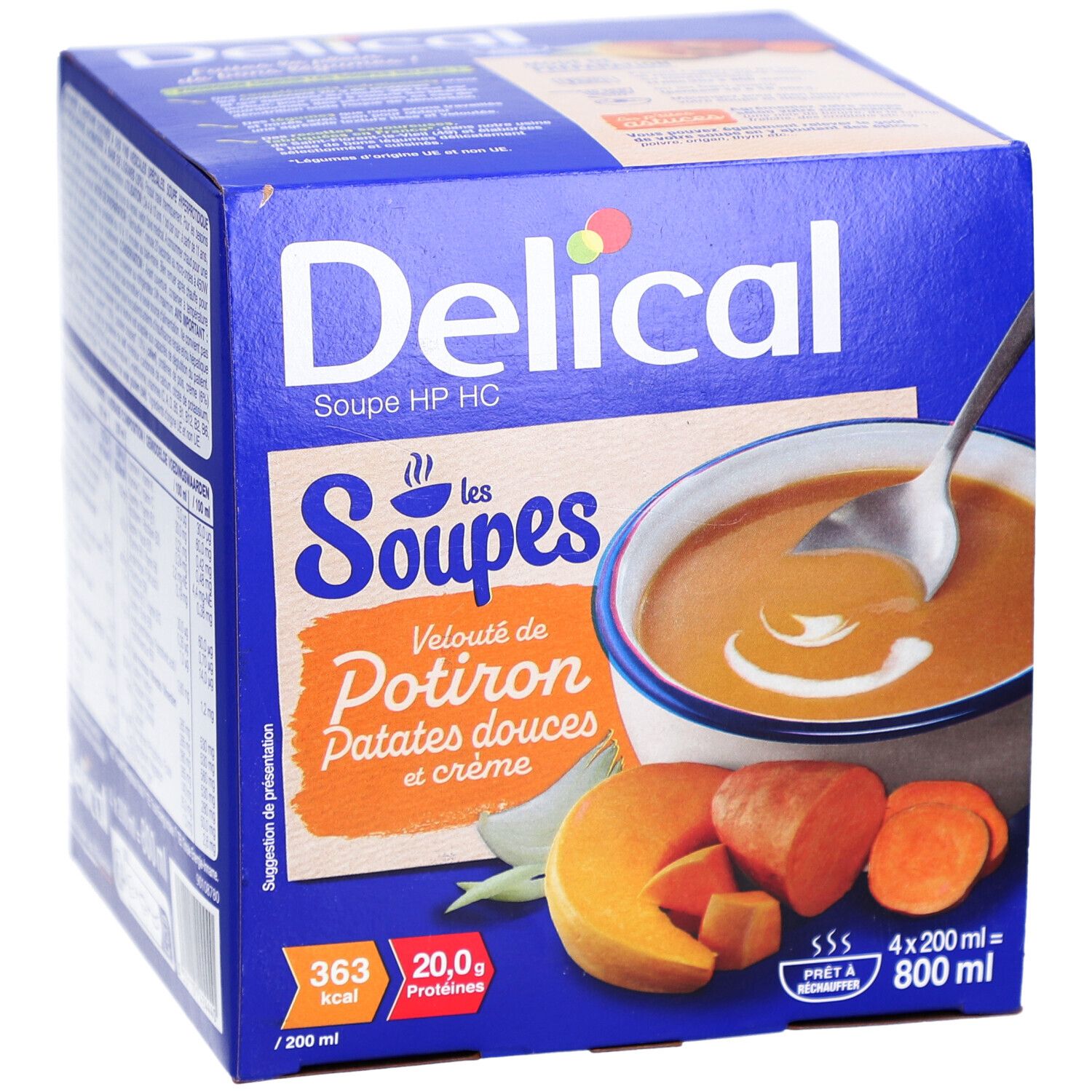 Blaue Delical-Kartonverpackung. Aufdruck: Kürbiscremesuppe, Süßkartoffeln und Sahne. Abbildung einer Suppe in einer Schüssel.