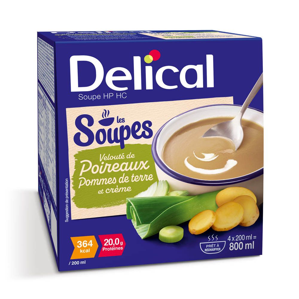 Blauwe verpakking van Delical soep. Toont prei-soep, aardappelen en room. Bevat voedingsinformatie en volume-aanduiding.