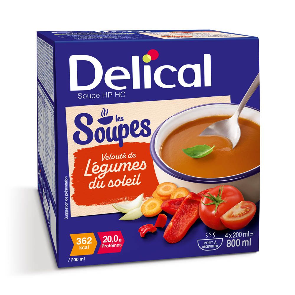 Boîte bleue Delical. Inscription "Soupe HP HC" et "les Soupes". Légumes et soupe dans un bol illustrés. Informations nutritionnelles et volume.