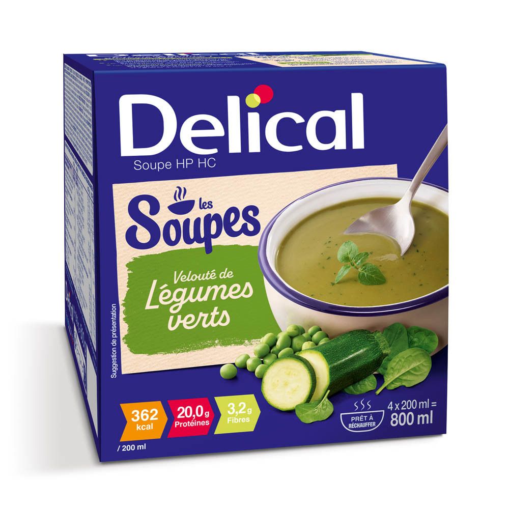 Blauwe verpakking Delical Soupe HP HC. Opschrift: Velouté de Légumes verts. Afbeelding van soep, groenten en voedingswaarde-informatie.