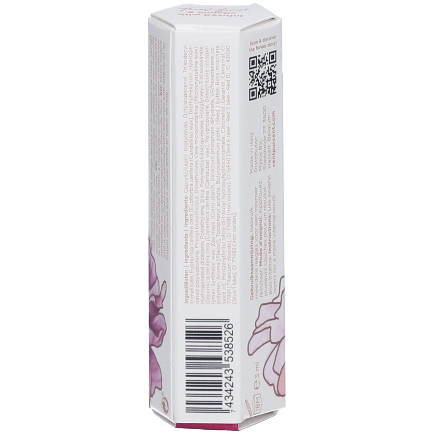 Verpakking met ingrediënten, barcode en pioenroos illustratie. Bevat productinformatie.