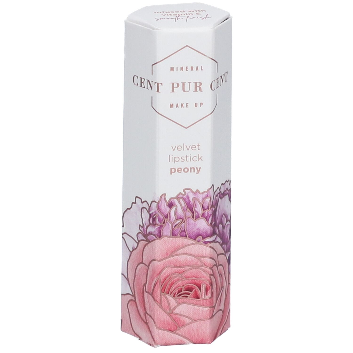 Cilindrische verpakking met CENT PUR CENT logo, tekst 'velvet lipstick peony' en pioenroos illustratie.
