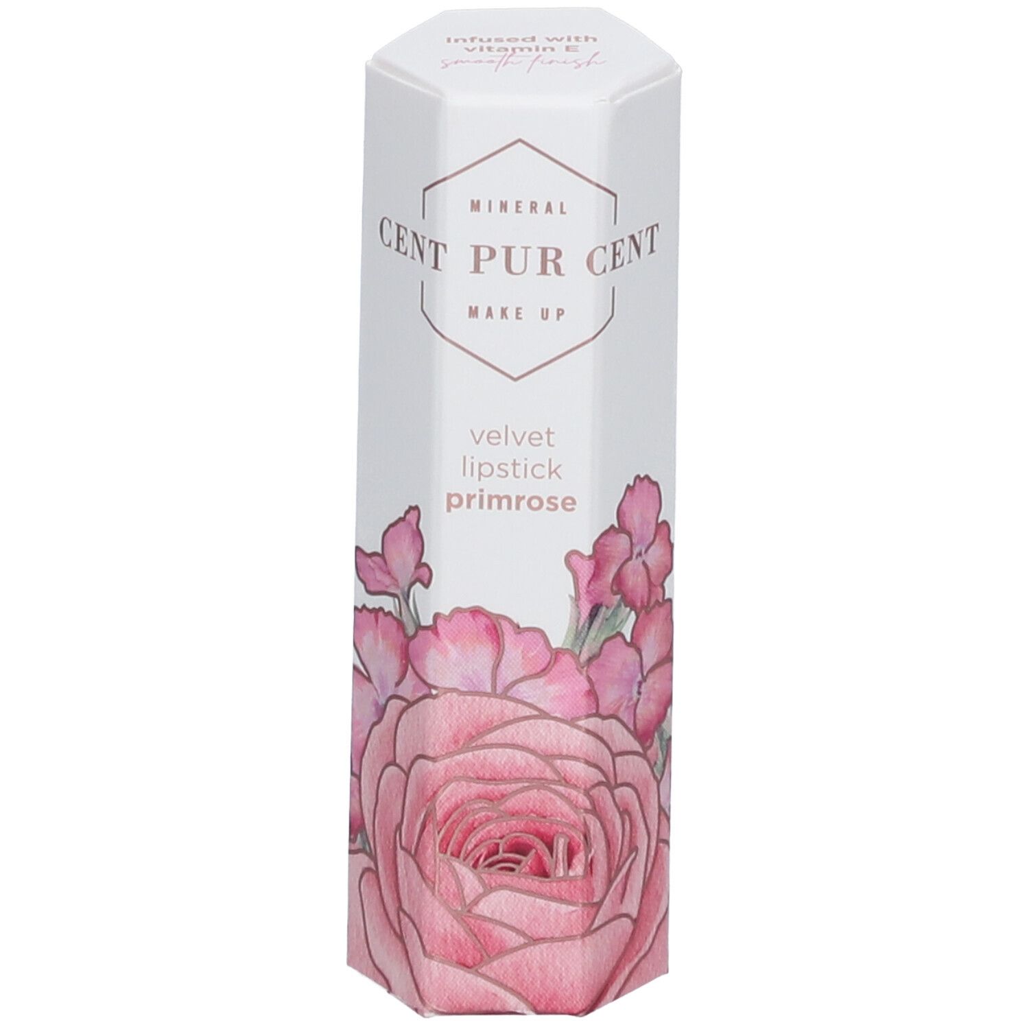 Emballage cylindrique. CENT PUR CENT Make Up, Velvet Lipstick Primrose. Motif floral. Fond blanc.