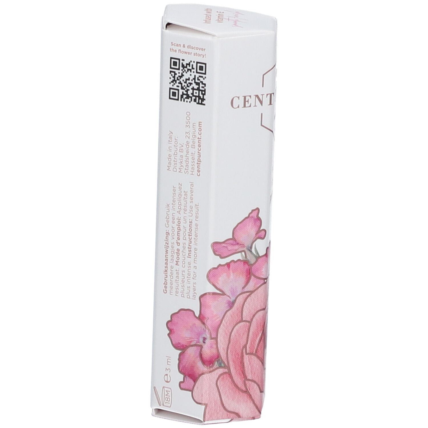 Emballage. CENT PUR CENT. Code QR. Texte et motif floral. Fond blanc.