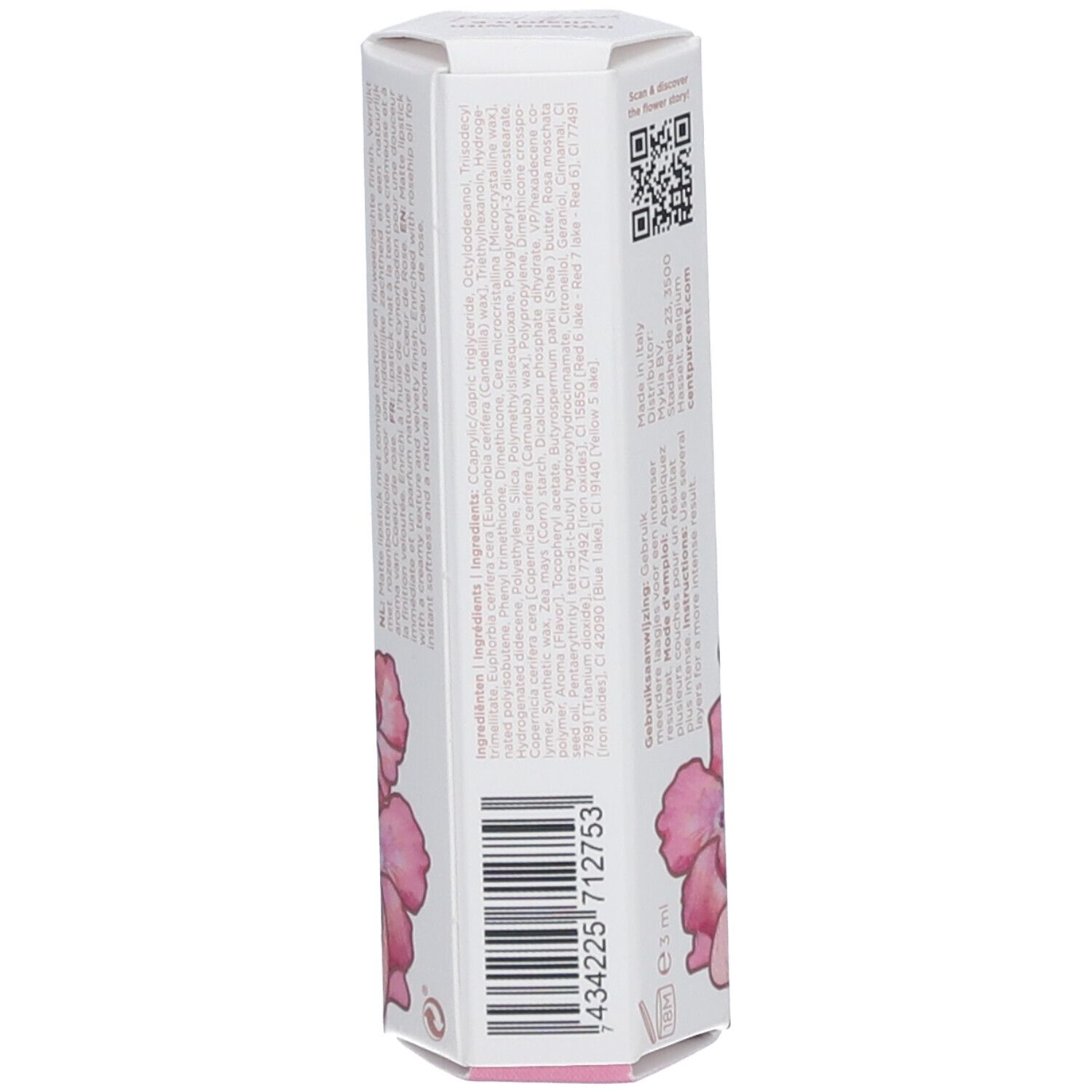 Emballage. CENT PUR CENT. Code-barres. Texte et motif floral. Fond blanc.