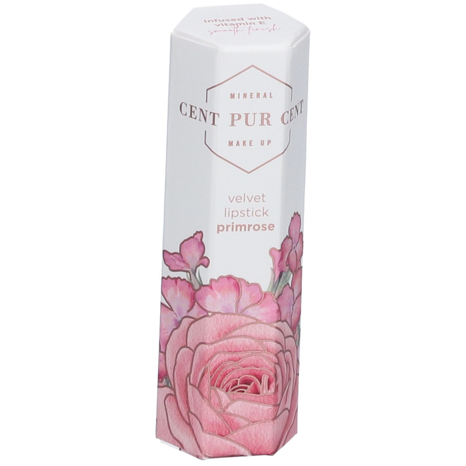 Emballage cylindrique. CENT PUR CENT Make Up, Velvet Lipstick Primrose. Motif floral. Fond blanc.