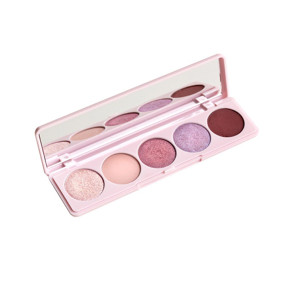 Palette de fards à paupières ouverte avec cinq teintes et miroir.