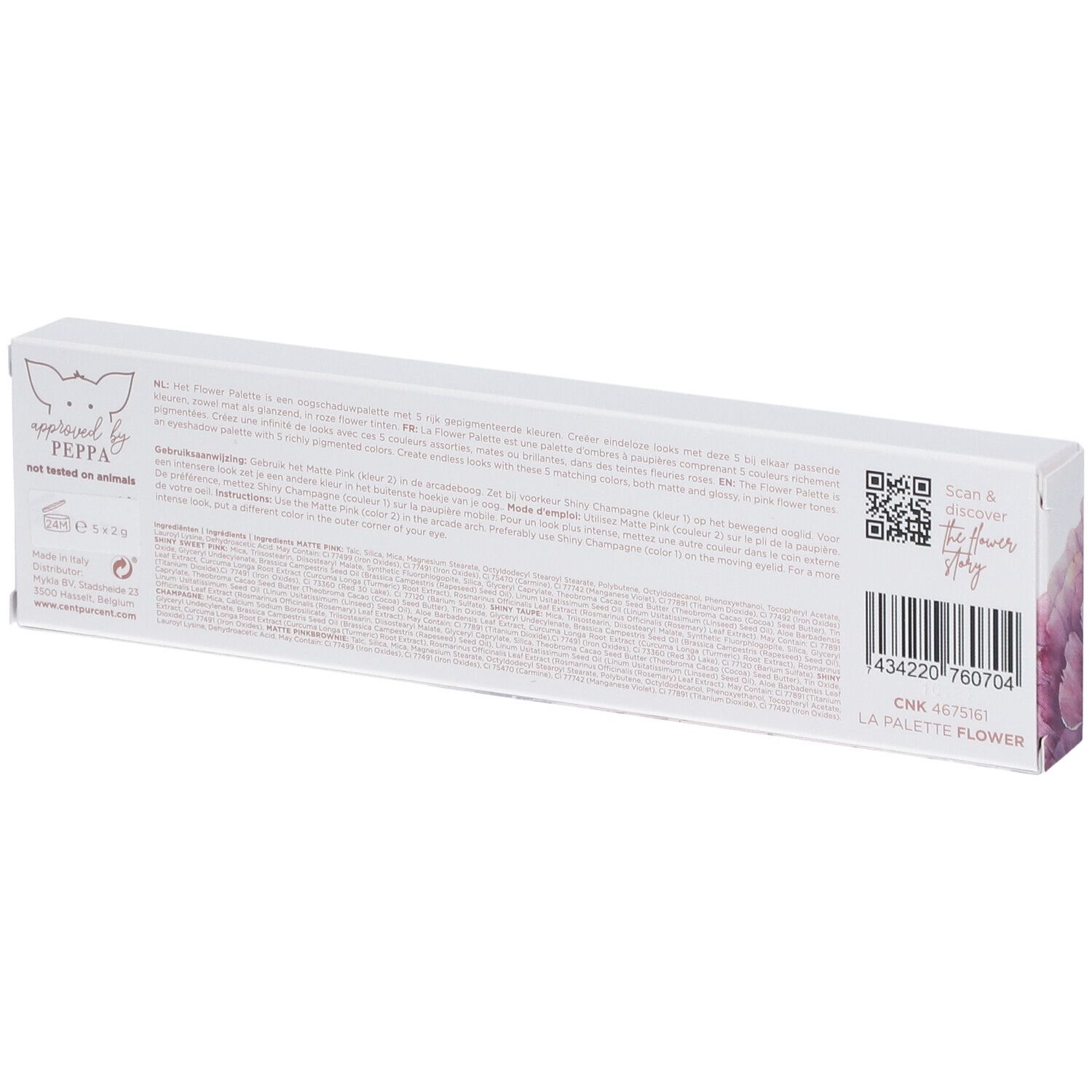 Dos de l'emballage du produit avec texte et code QR. Inscription : LA PALETTE FLOWER.