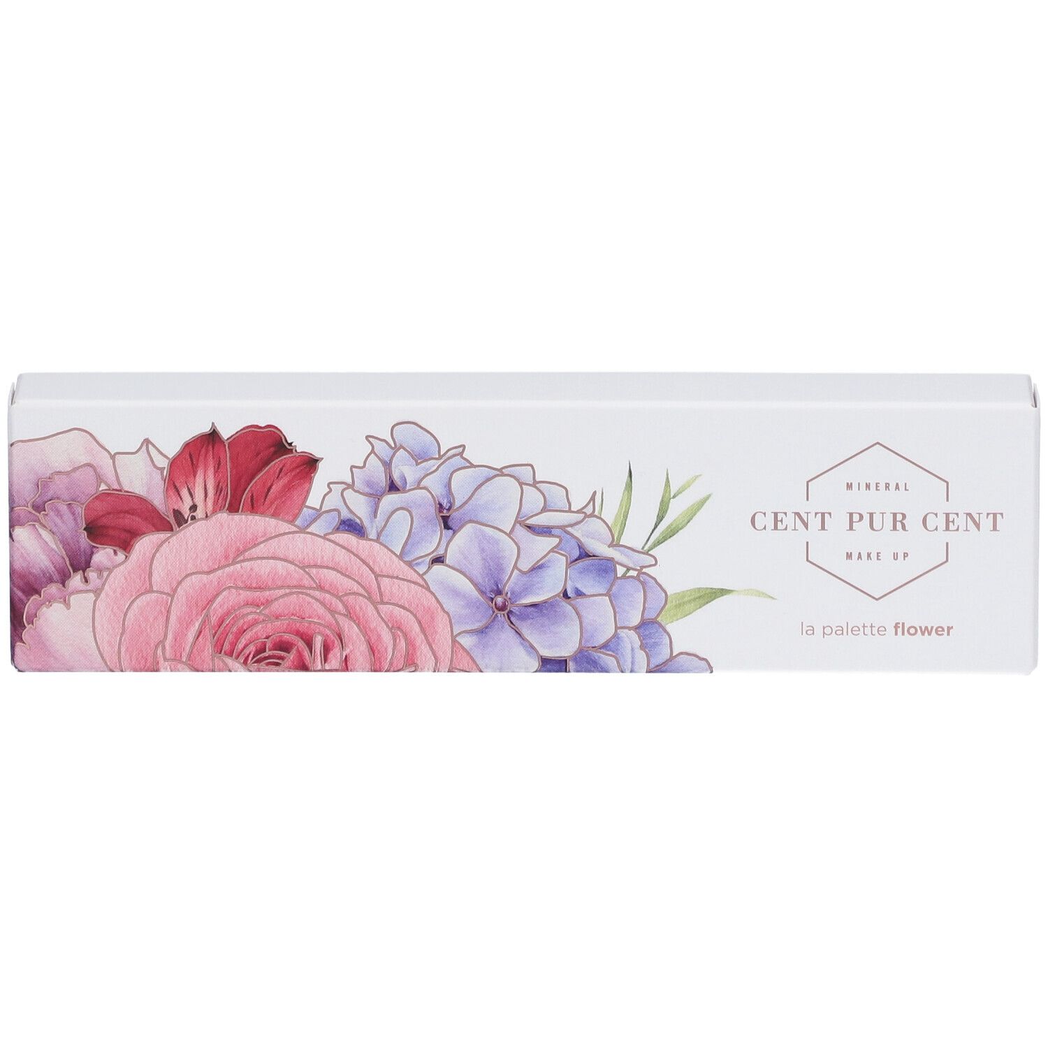 Emballage du produit avec motif floral et inscription : CENT PUR CENT.