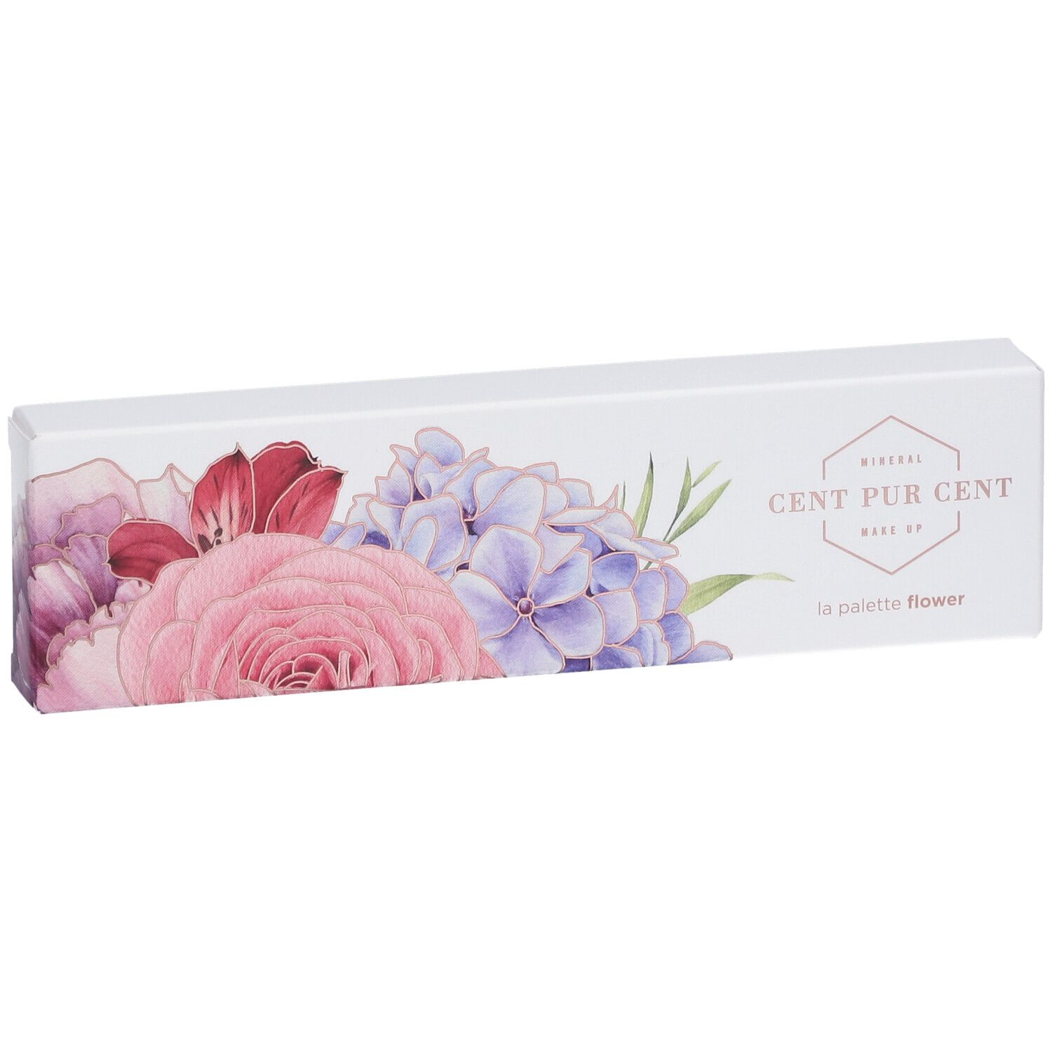 Emballage du produit avec motif floral et inscription : CENT PUR CENT.