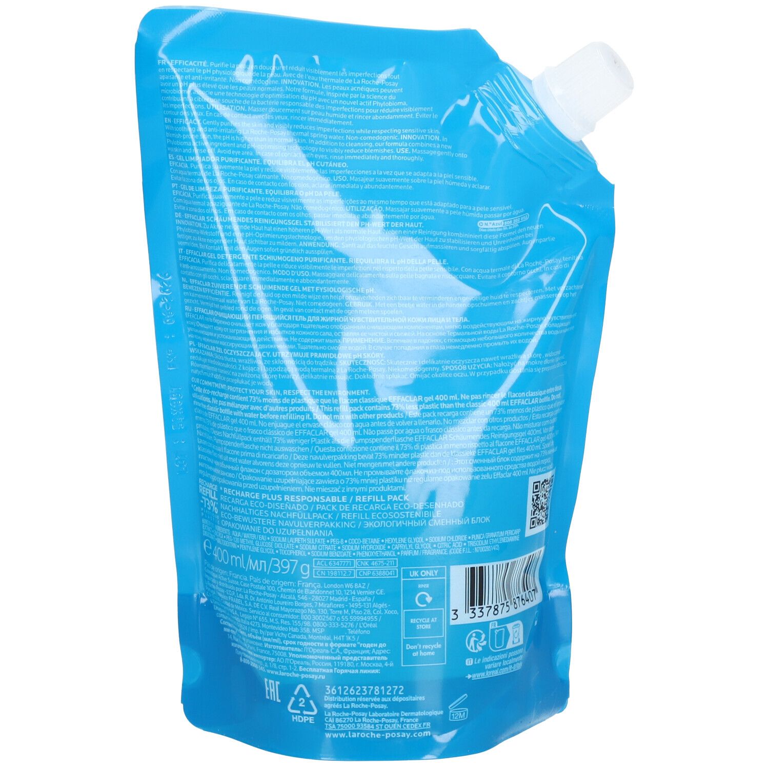 Rückseite der La Roche-Posay Effaclar Nachfüllpackung mit 400 ml.