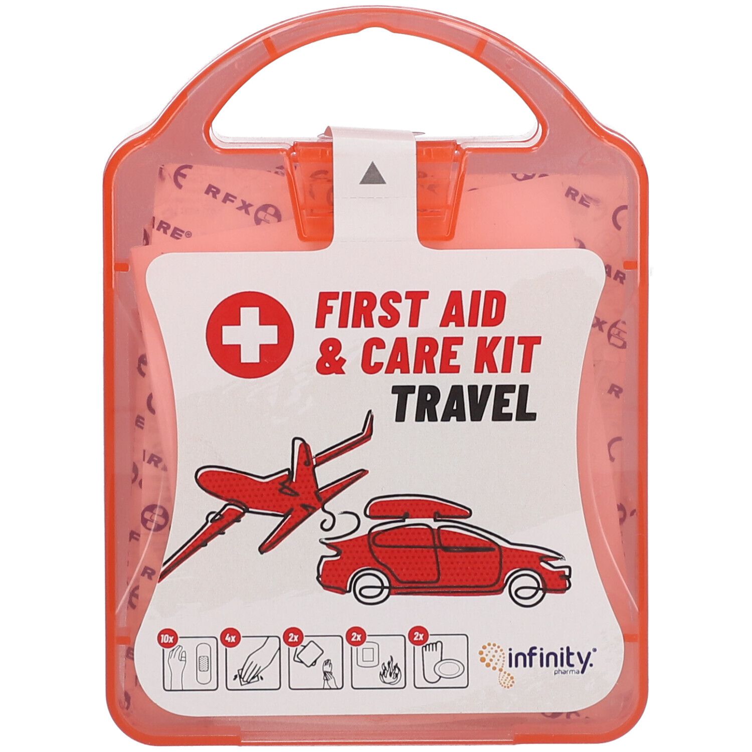 Rode EHBO-kit met handvat. Opschrift: First Aid & Care Kit Travel. Illustraties van vliegtuig en auto.