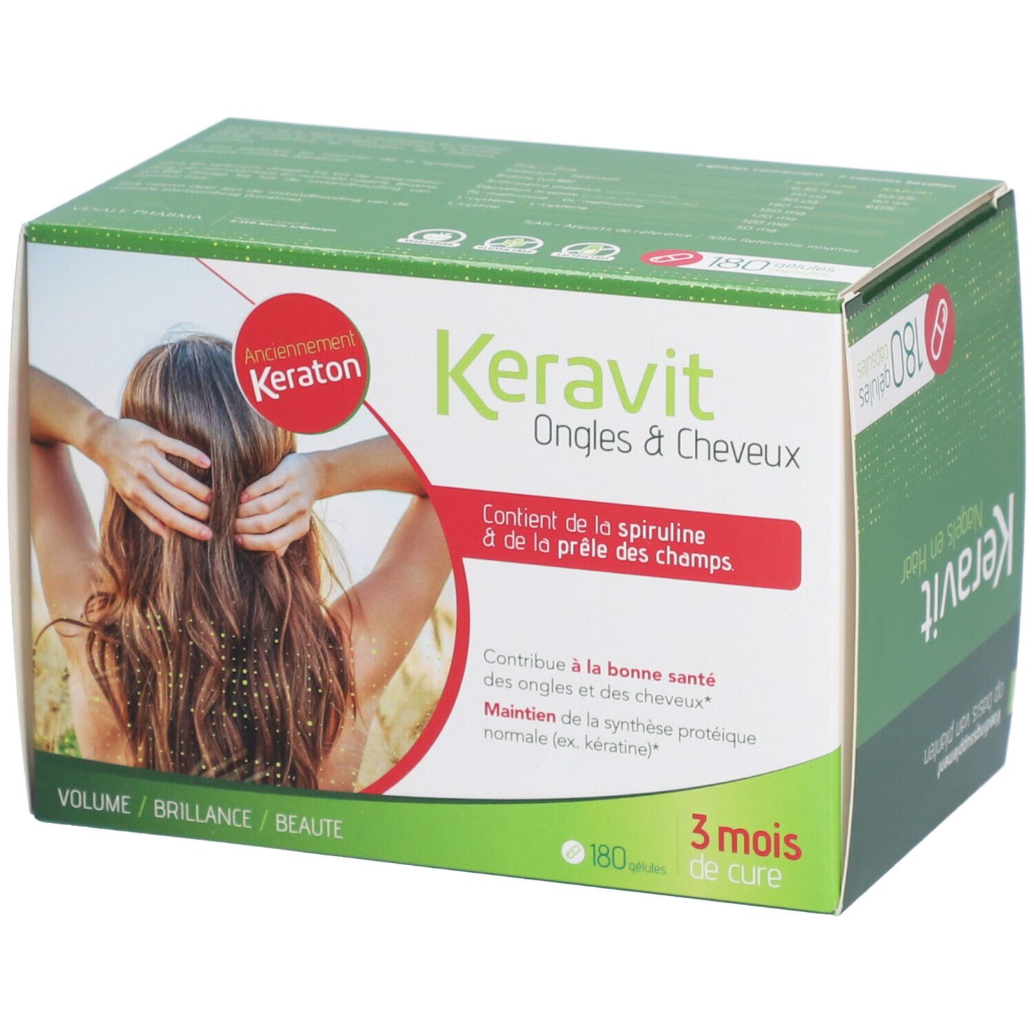 Keravit Nagels & Haar doos. Met spirulina. 180 capsules. 3 maanden behandeling. Opschrift: Volume, Glans, Schoonheid.