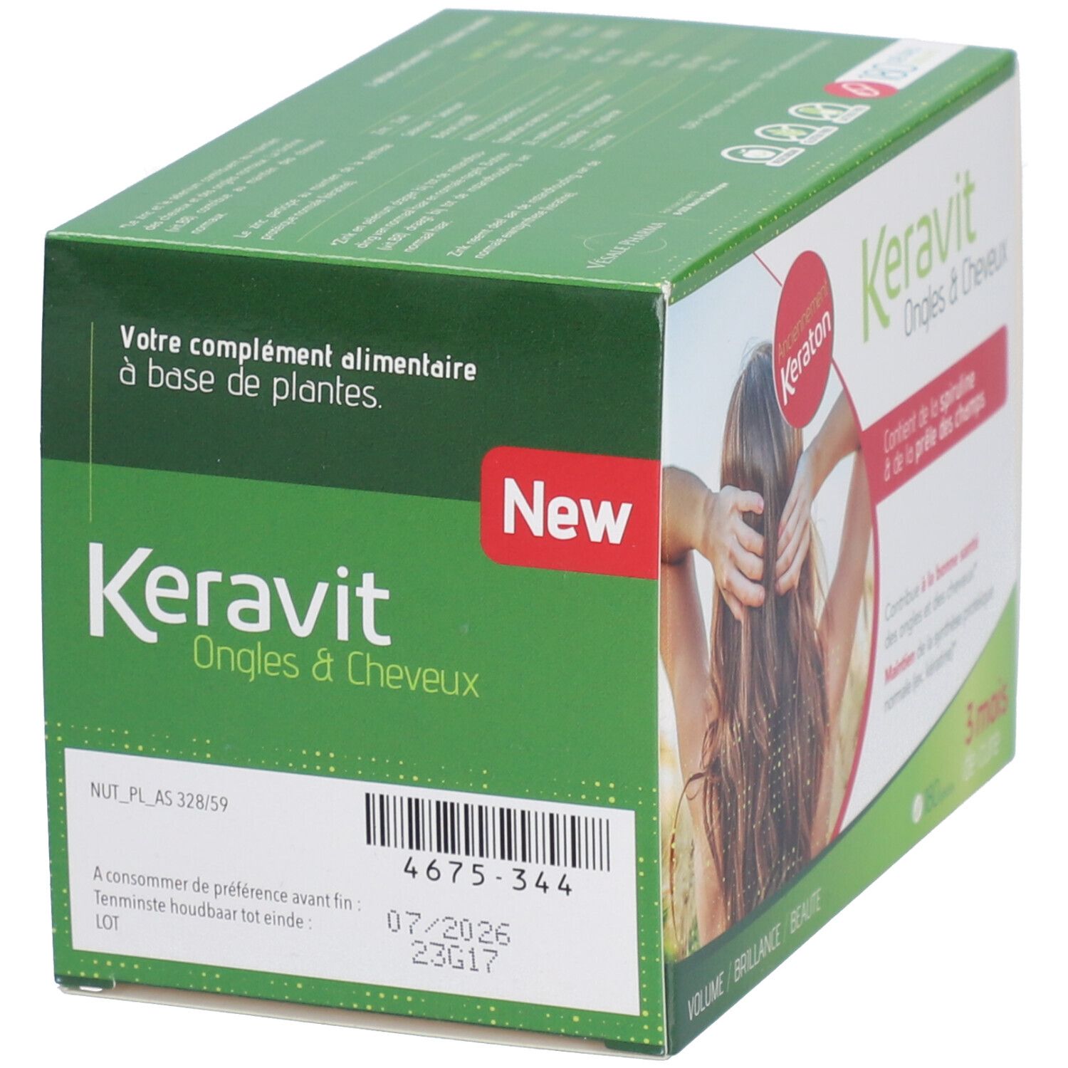 Keravit Nagels & Haar doos. Met spirulina. 3 maanden behandeling. Label 'New'. Opschrift: Voedingssupplement.