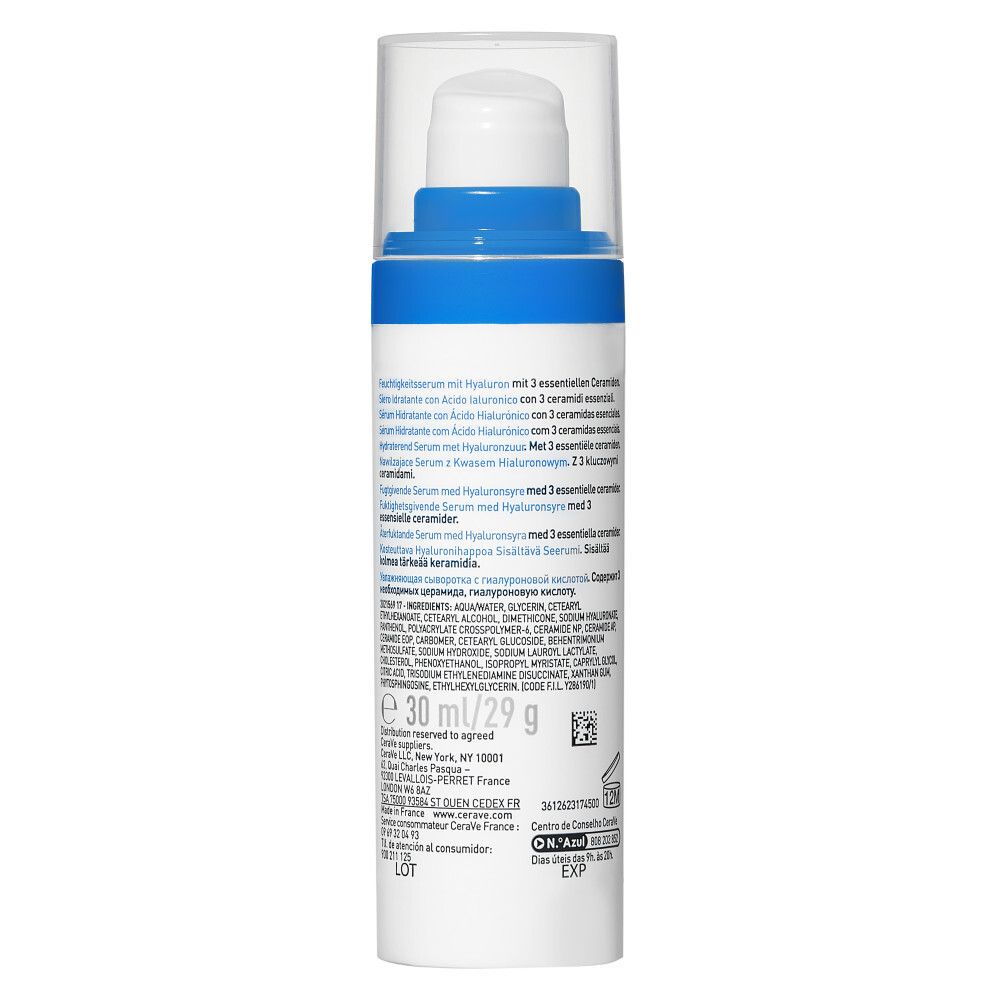Dos du flacon blanc. Contient des informations sur le sérum CeraVe à l'acide hyaluronique. Ingrédients et informations fabricant.