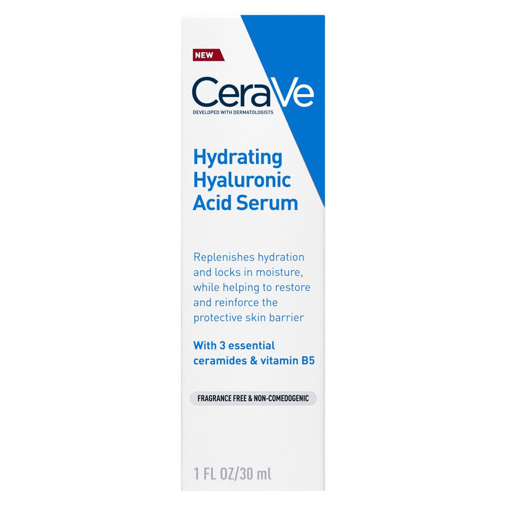 Emballage blanc et bleu. Contient le sérum CeraVe Hydrating Hyaluronic Acid. Texte : 1 FL OZ/30 ml.